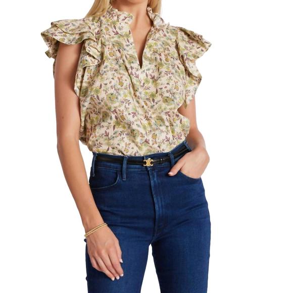 NEW BISHOP + YOUNG margarita poplin top in aster natural print - Picture 1 of 5